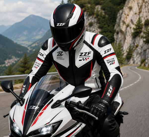 ZZF White & Black Motorcycle Racing Leather Jacket – CE Armored Cowhide Jacket