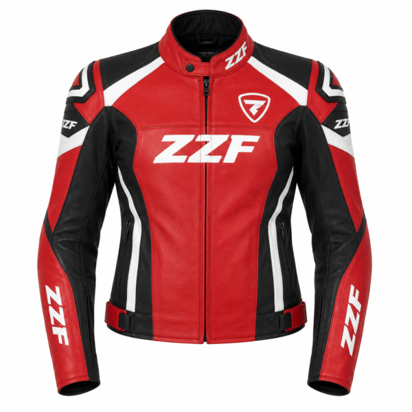 ZZF Women’s Red Leather Motorcycle Racing Jacket – Genuine Leather Protective Riding Jacket