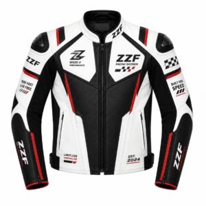 ZZF White & Black Motorcycle Racing Leather Jacket – CE Armored Cowhide Jacket