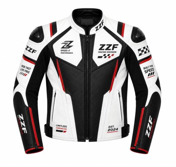 ZZF White & Black Motorcycle Racing Leather Jacket – CE Armored Cowhide Jacket