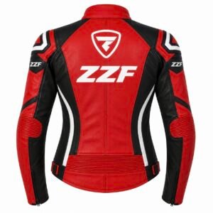 ZZF Women’s Red Leather Motorcycle Racing Jacket – Genuine Leather Protective Riding Jacket