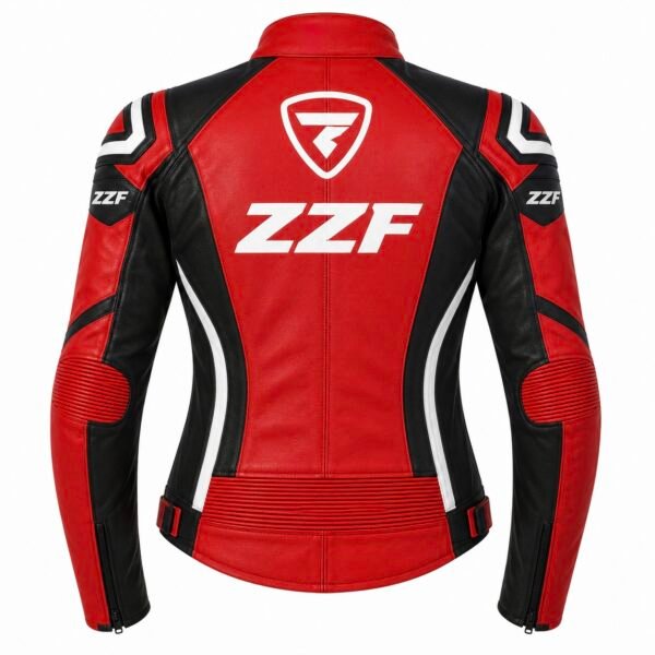 ZZF Women’s Red Leather Motorcycle Racing Jacket – Genuine Leather Protective Riding Jacket