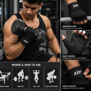 ZZF Pro Weight Lifting Gym Gloves – Breathable Half Finger Training Gloves with Padded Palm & Wrist Support