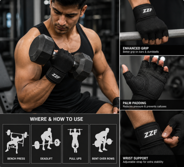 ZZF Pro Weight Lifting Gym Gloves – Breathable Half Finger Training Gloves with Padded Palm & Wrist Support