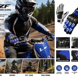 ZZF Blue Motocross Gloves – Full Finger Motorcycle Riding Gloves with Carbon Knuckle Protection