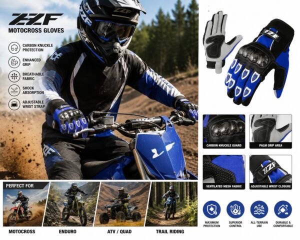 ZZF Blue Motocross Gloves – Full Finger Motorcycle Riding Gloves with Carbon Knuckle Protection