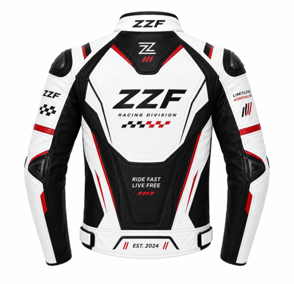 ZZF White & Black Motorcycle Racing Leather Jacket – CE Armored Cowhide Jacket