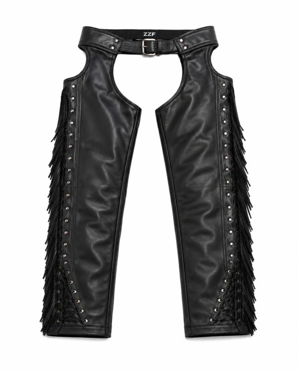 ZZF Black Leather Motorcycle Chaps – Fringe Biker Riding Leg Chaps for Men