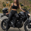 Women’s Black Leather Motorcycle Pants with Knee Protection – Biker Riding Trousers