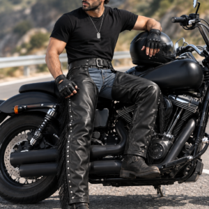 AA212B75-796D-455D-865D-9AFF705D66DB ZZF Black Leather Motorcycle Chaps – Fringe Biker Riding Leg Chaps for Men